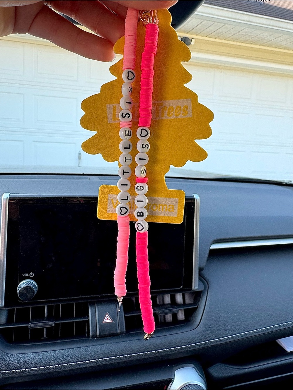 Pink Beaded Car Mirror Decor  Set - Little Sis & Big Sis